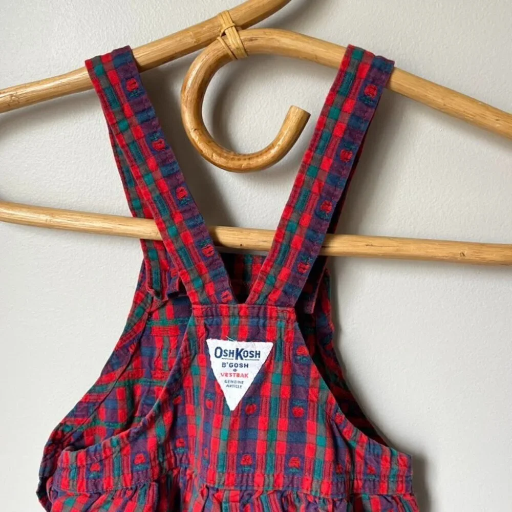 Vintage 1980s OshKosh B'Gosh VestBak Woven Plaid Red Apples Overalls Girls 4T